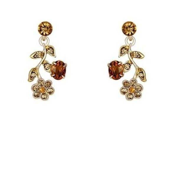 Yellow Gold and Topaz Austrian Crystal Flower Leaf Necklace and Earrings Set - Picture 2 of 6